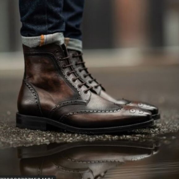 MEN\'S Brown Leather Lace Up Wingtip Brogues Ankle Boot Dress Shoes - SIZE 10.5 main image 14